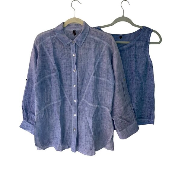 Inizio Womens Shirt Tank Set Size Small Blue Side Slits Button Down Pure Linen - Picture 1 of 8
